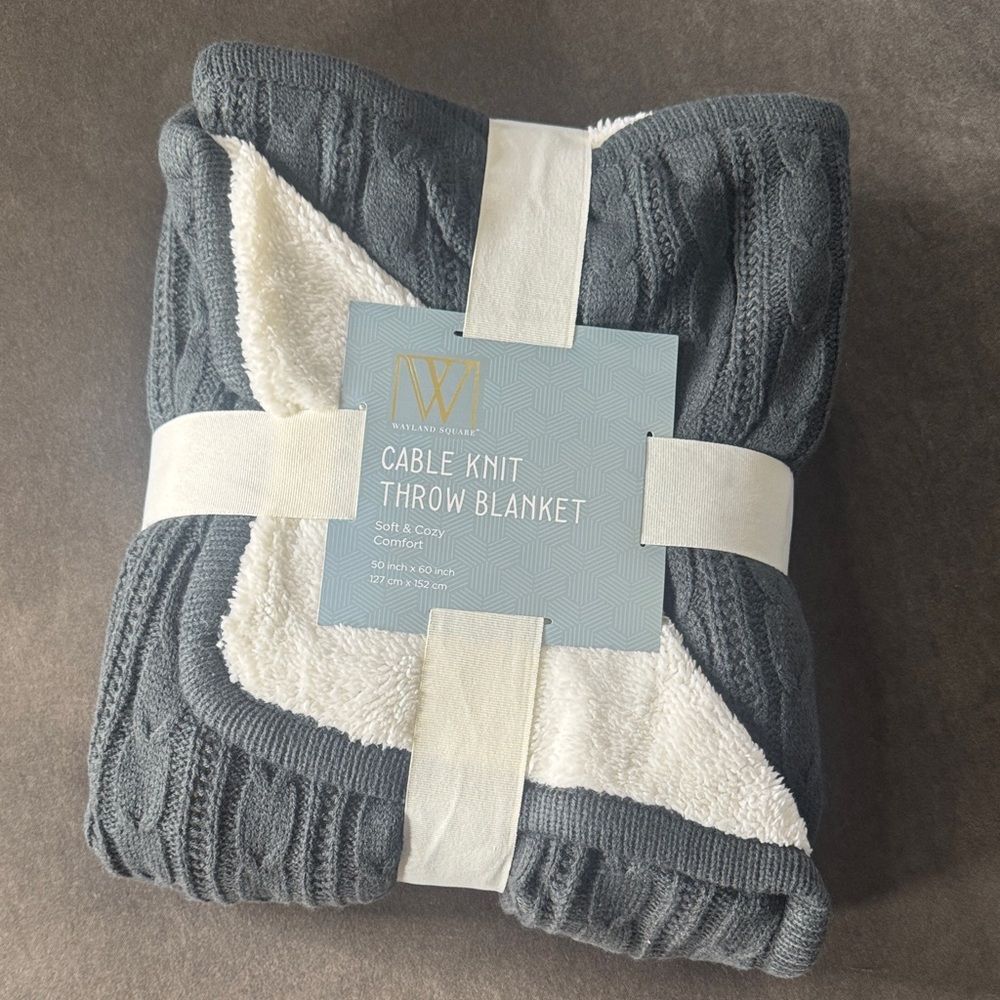 Wayland Square Cable Knit Throw Blanket Dark Gray & White Faux Fur 50x60” NEW
